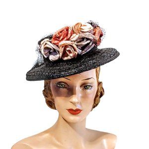 Vintage 1940s Black Straw Wide Brimmed Hat With Large Roses And A Back Band